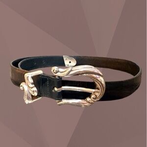 Coldwater Creek Black Leather Croc Embossed Silver Buckle Belt Size M